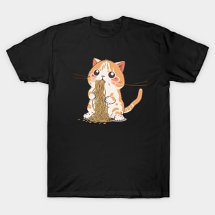 Kawaii Cat Eating Spaghetti Funny Cat Lover T-Shirt